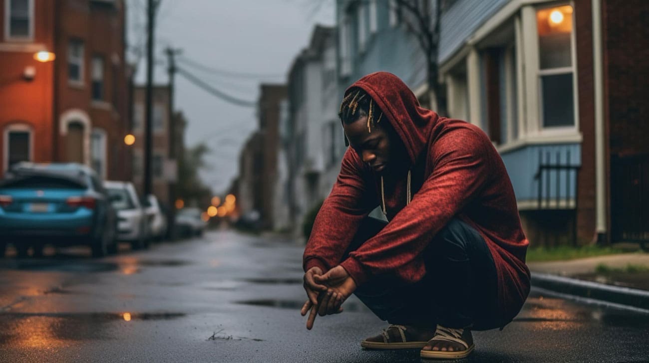 A person in a red hoodie and braids is squatting on a wet street, looking down thoughtfully.