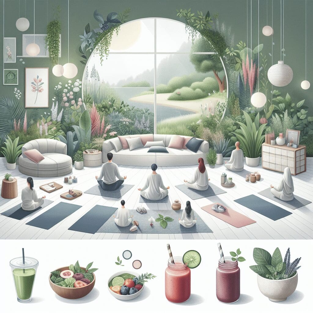 A serene yoga studio with lush greenery and a large round window offering a view of a beautiful garden, creating an ideal setting for mental health treatment. People are meditating on yoga mats below images of healthy foods including smoothies, salads, acai bowls, and plants.