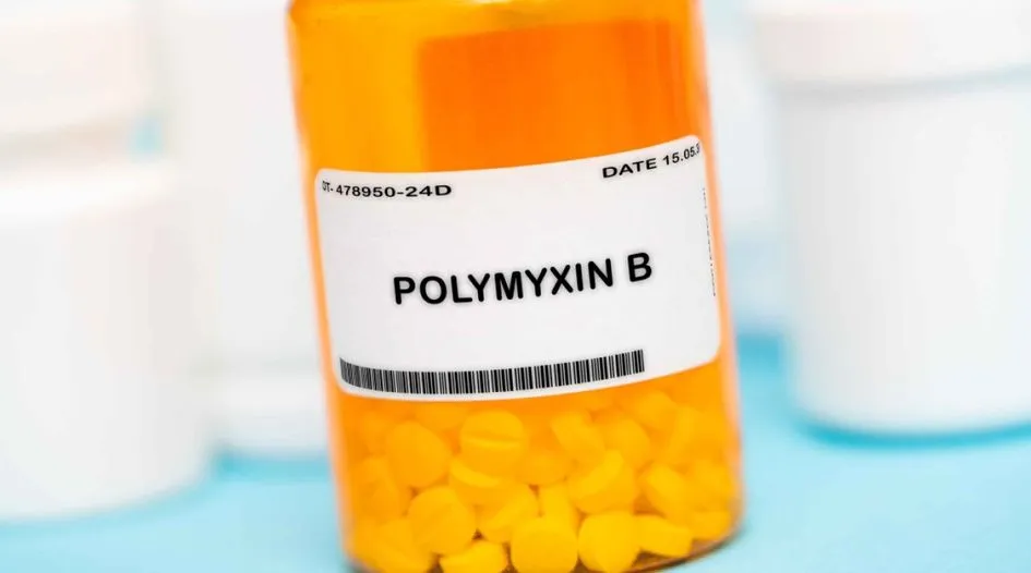 Prescription bottle labeled “Polymyxin B” antibiotic tablets